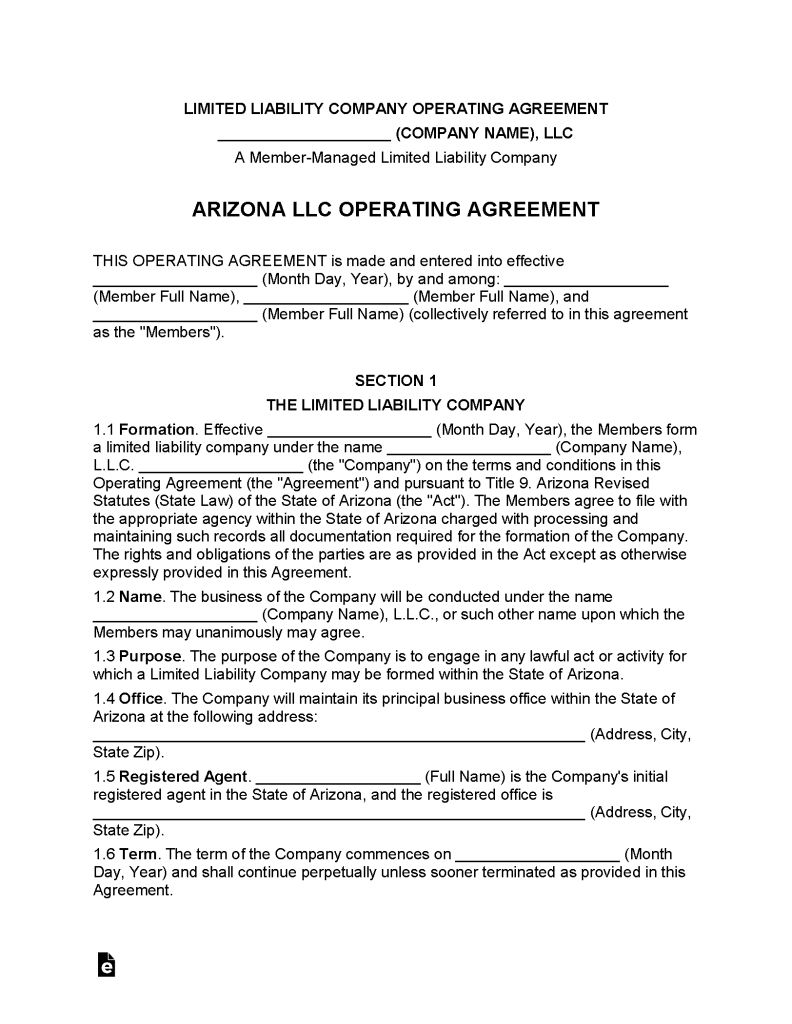 Free Arizona Llc Operating Agreement Templates Secretary Of State