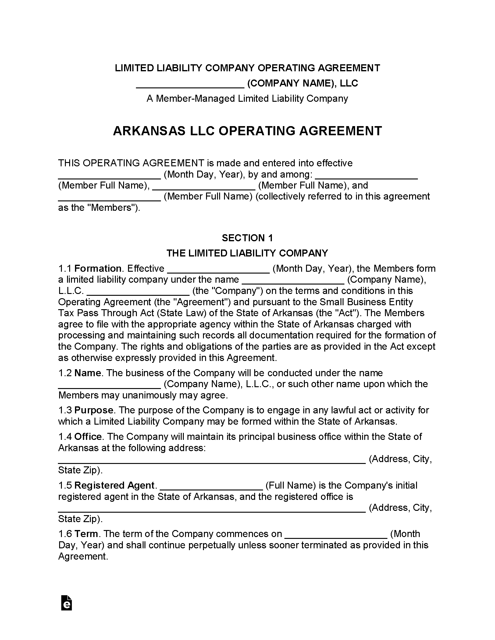 Free Arkansas Multi Member Llc Operating Agreement Templates