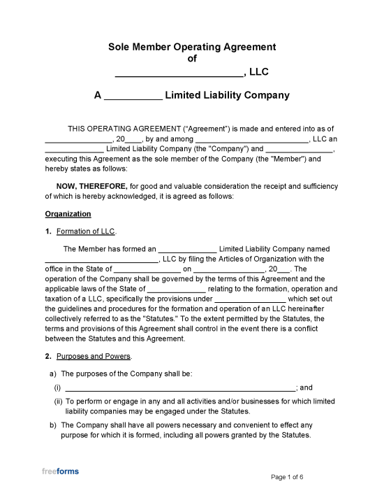 Free Single-Member LLC Operating Agreement Template - Secretary of ...