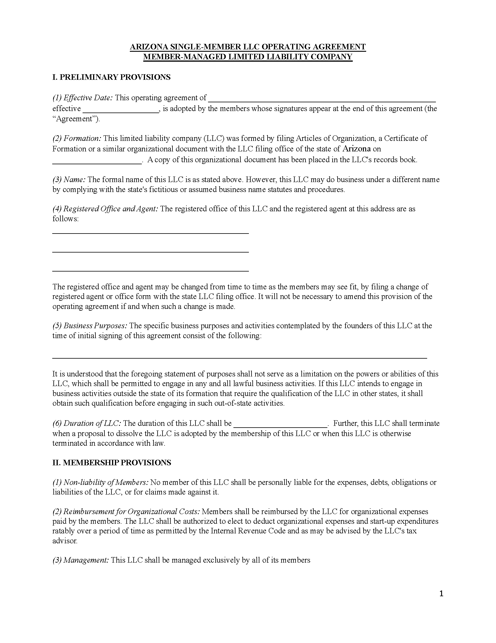 Free Arizona Single-Member LLC Operating Agreement Templates (5 ...