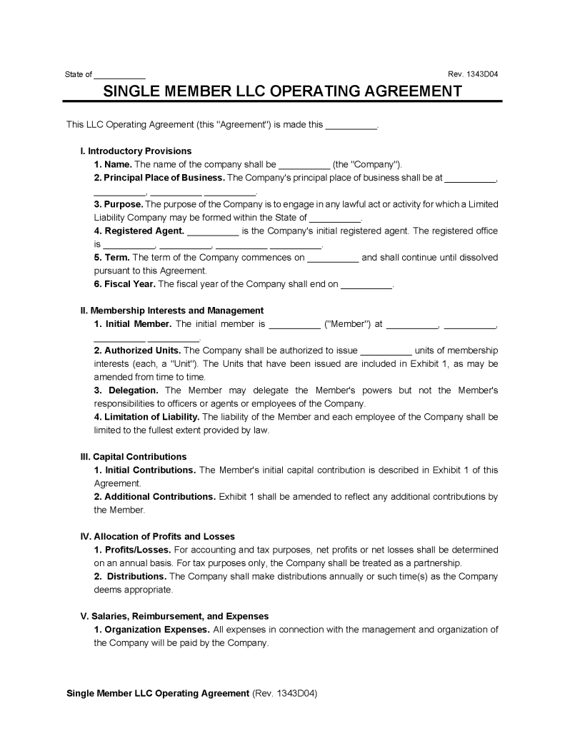 Free Single Member Llc Operating Agreement Template Secretary Of State Pdf Word 3327