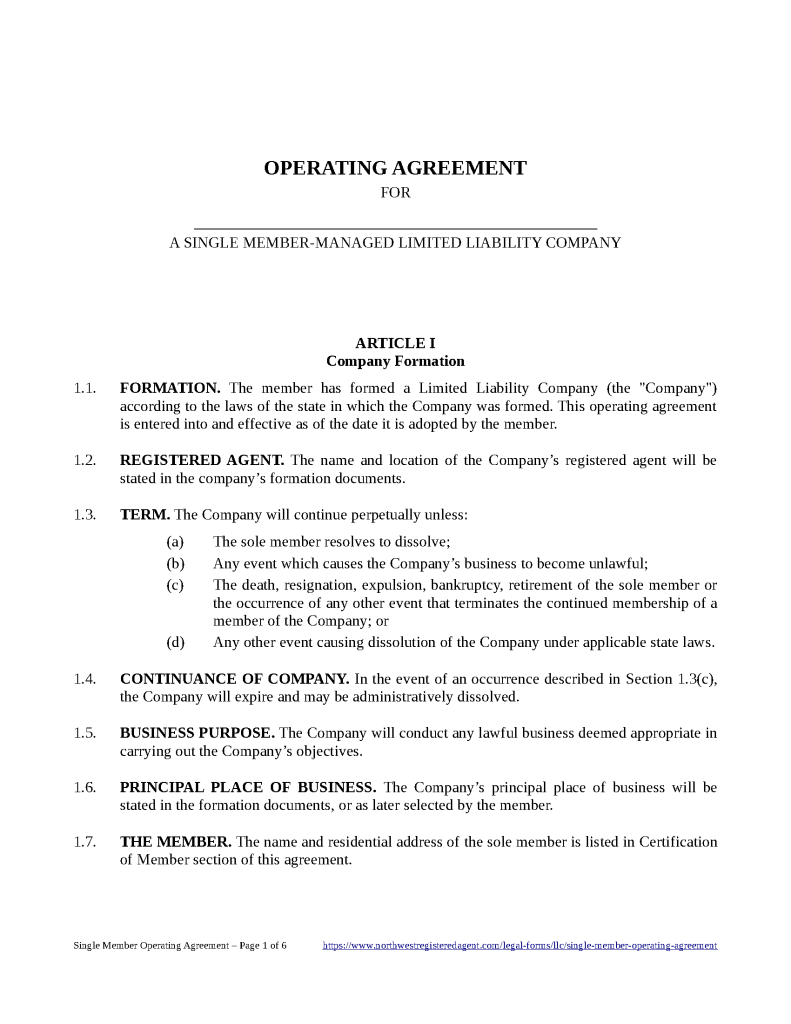 Free Single-Member LLC Operating Agreement Template - Secretary of ...