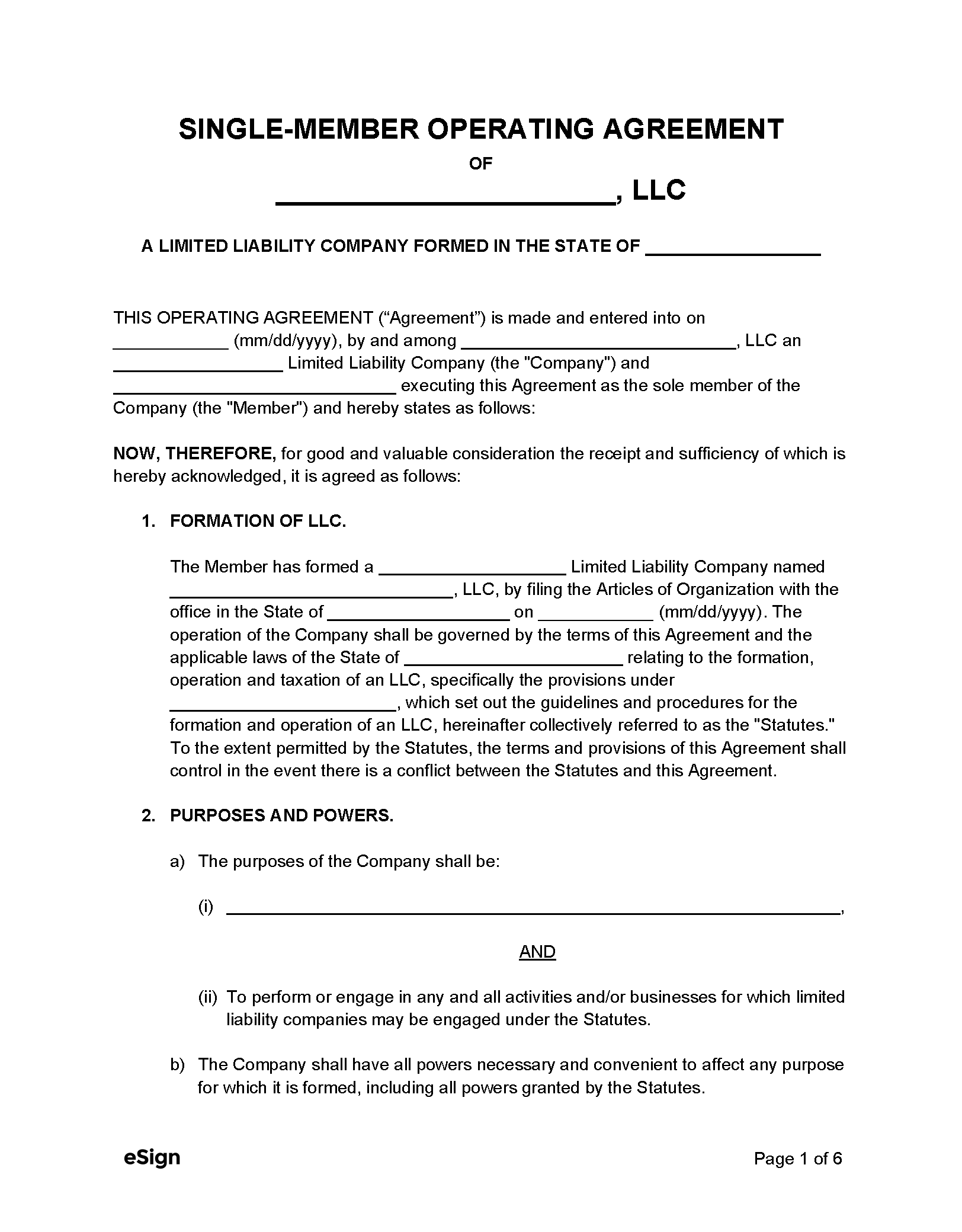 Free Single-Member LLC Operating Agreement Template - Secretary of ...