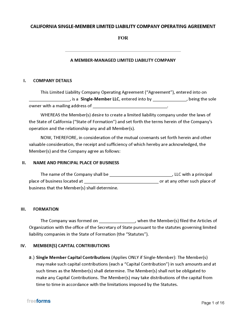 Free california single member operating agreement template secretary
