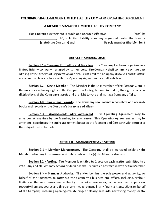 Free Colorado Single Member Operating Agreement Template Secretary Of State Pdf Word 7495