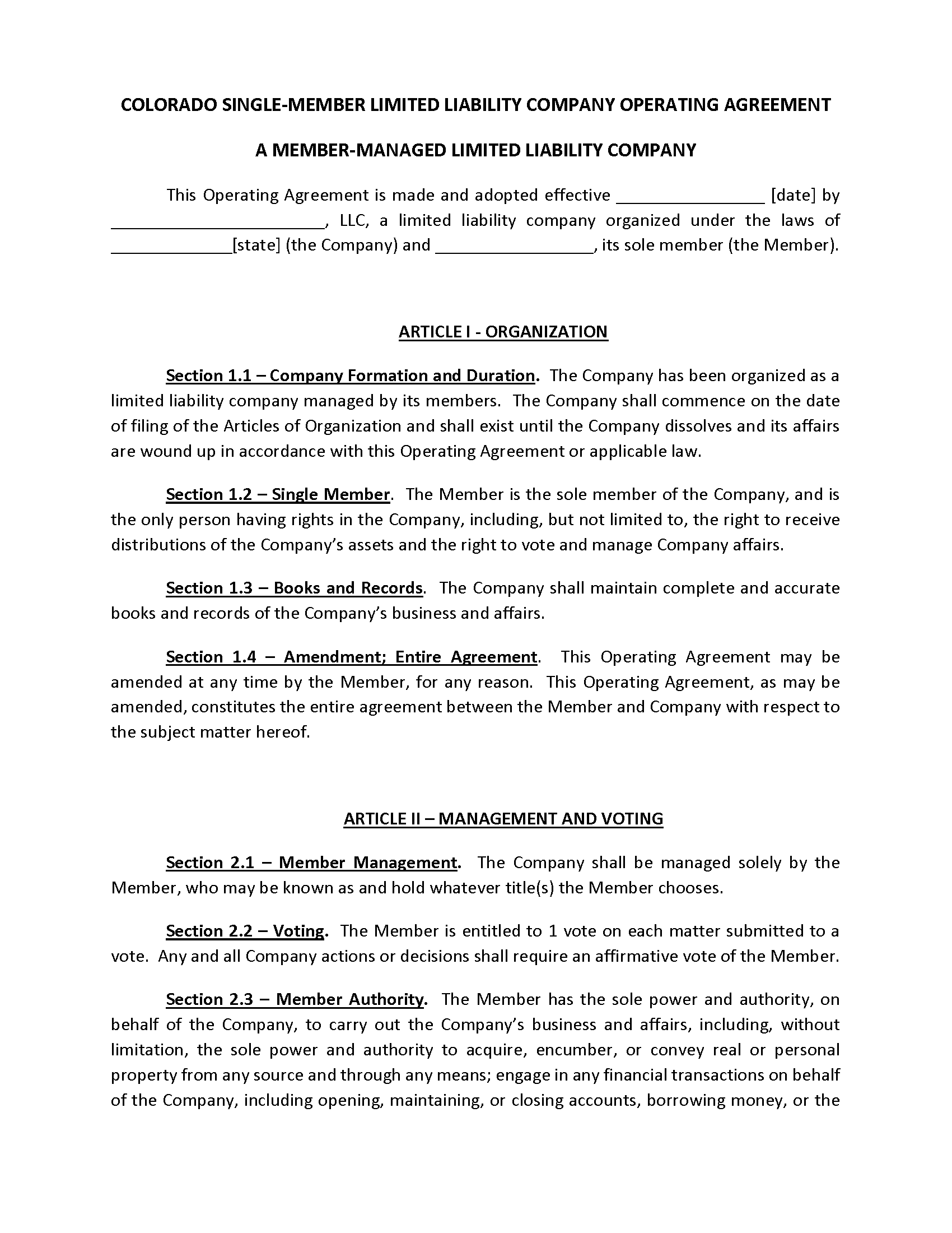 Free Colorado Single-Member Operating Agreement Template - Secretary of ...