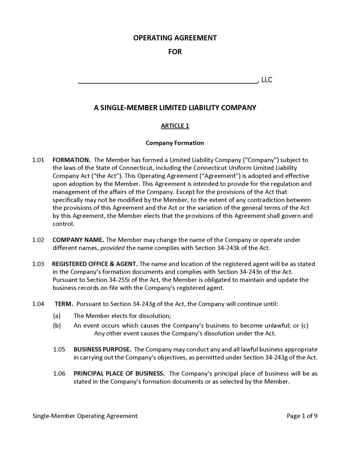 free-connecticut-single-member-operating-agreement-template-secretary