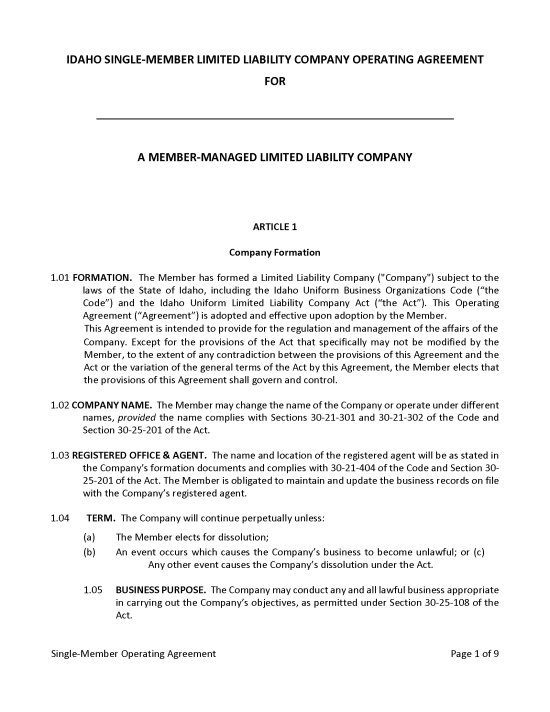 Free Idaho Single-Member LLC Operating Agreement Template - Secretary ...