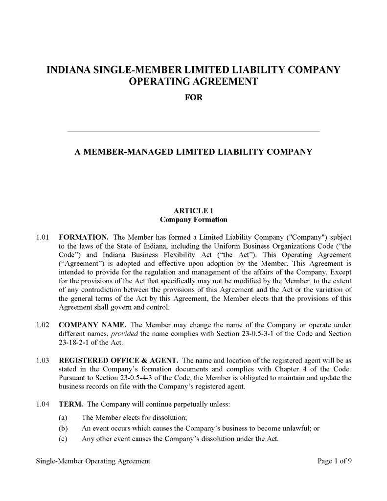 Free Indiana Single Member LLC Operating Agreement Template Secretary 