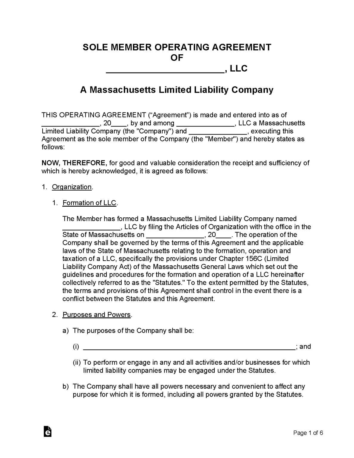 Free Massachusetts Single Member LLC Operating Agreement Template 