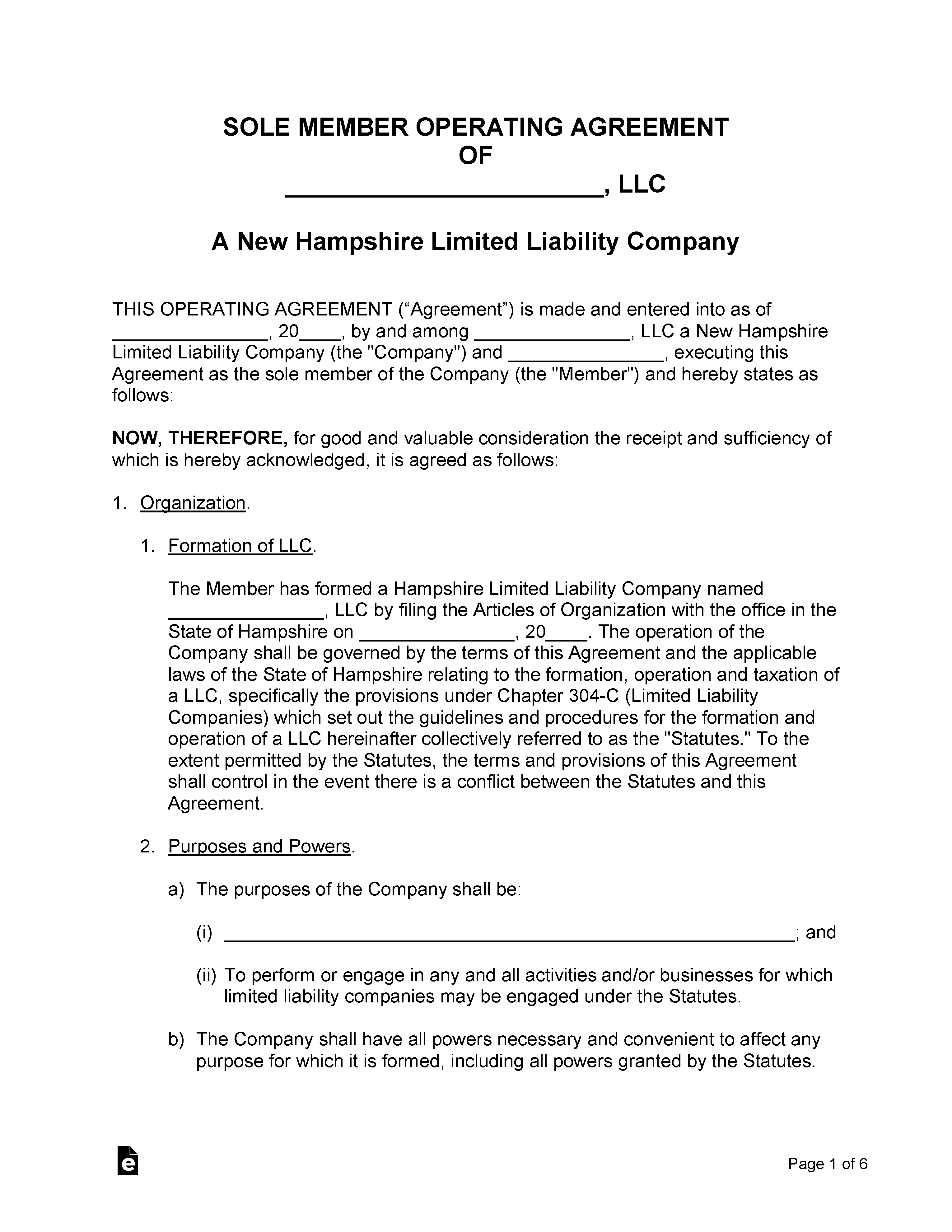 Free New Hampshire LLC Operating Agreement Templates (2) - Secretary Of ...