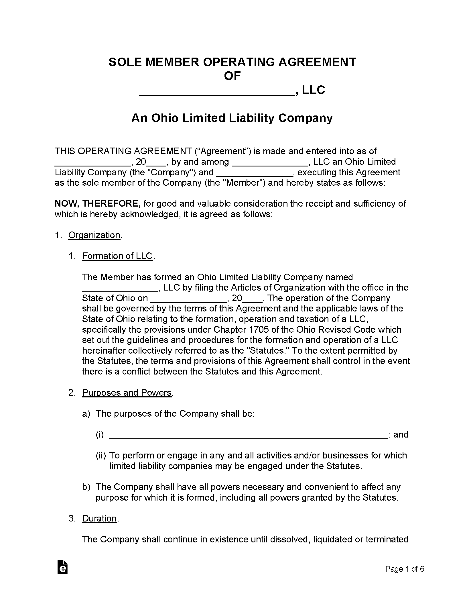 Free Ohio Single Member LLC Operating Agreement Template Secretary Of 