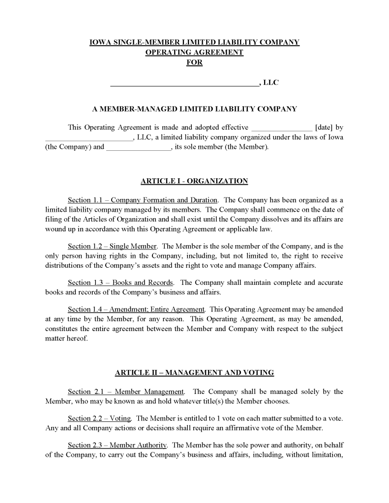 Free Iowa Single-Member LLC Operating Agreement Template - Secretary of ...