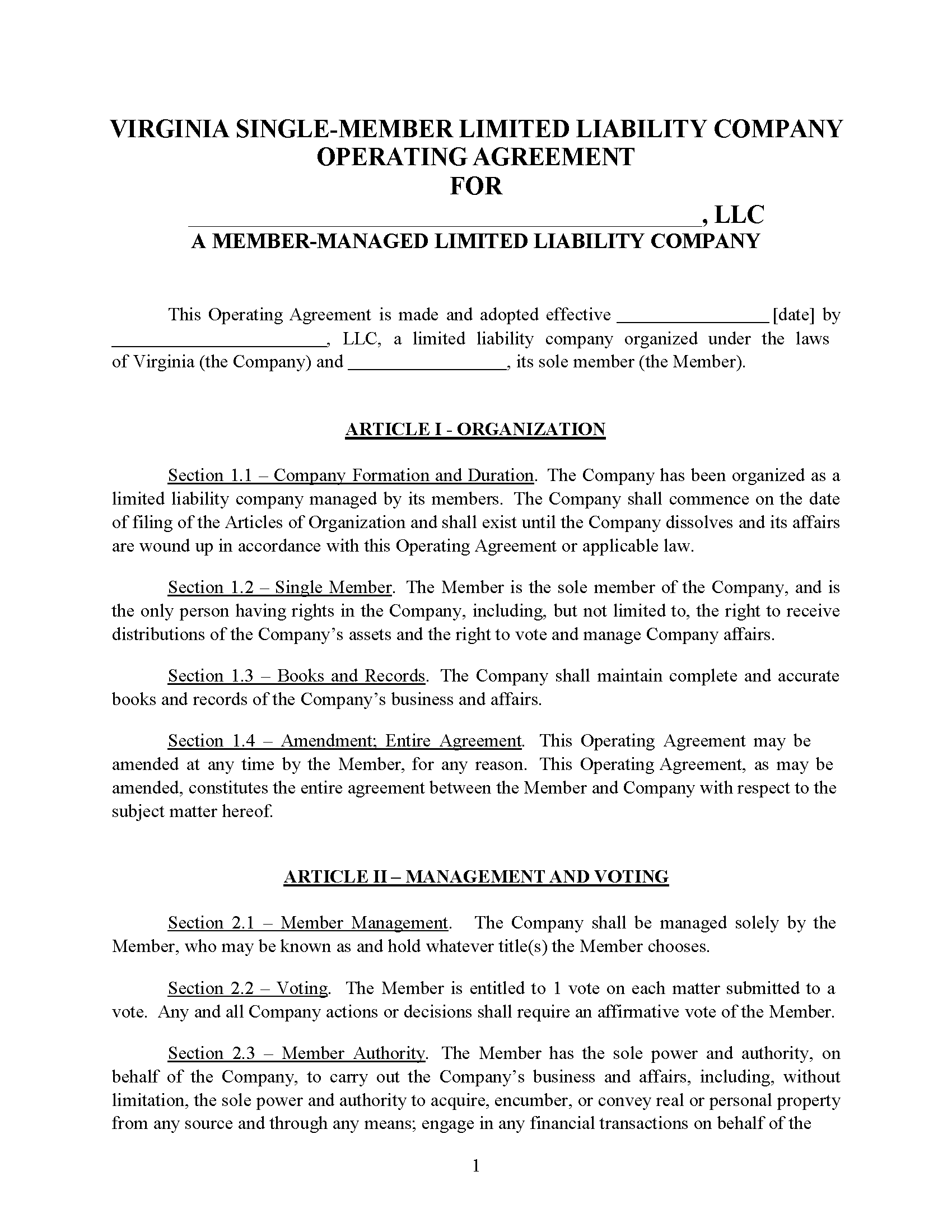 Free Virginia Single-Member LLC Operating Agreement Template ...