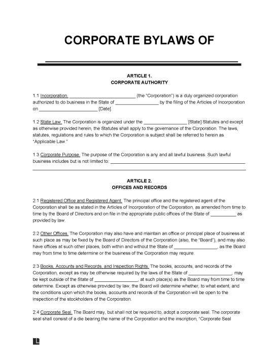 Free Corporate Bylaws Templates (3) - Secretary of State | PDF | WORD