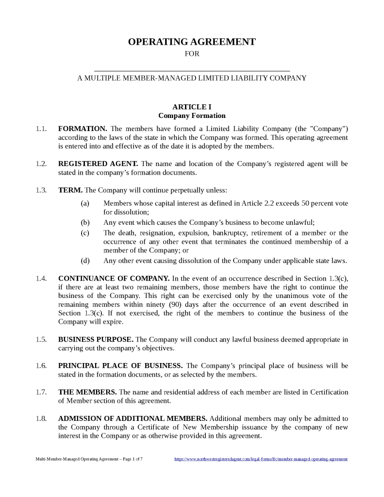 Free MultiMember LLC Operating Agreement Templates (5) Secretary of