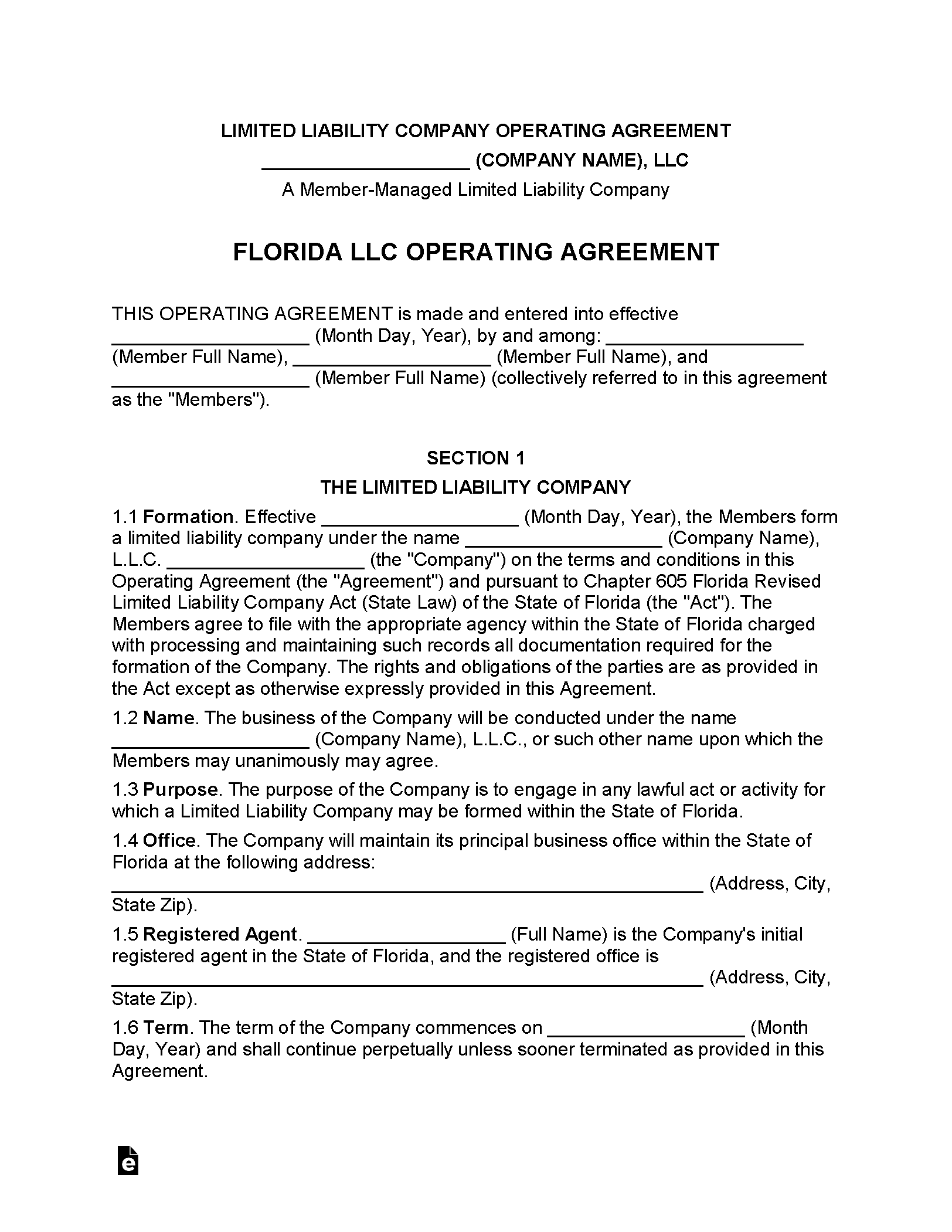 Free Florida Multi-Member LLC Operating Templates (5) - Secretary of ...