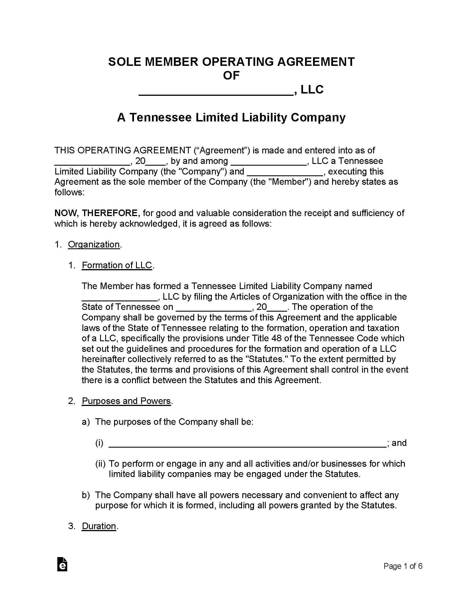 Free Tennessee LLC Operating Agreement Templates (2) - Secretary of ...