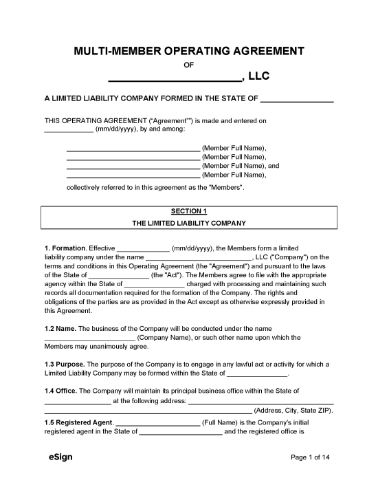 Free Multi-Member LLC Operating Agreement Templates (5) - Secretary of ...