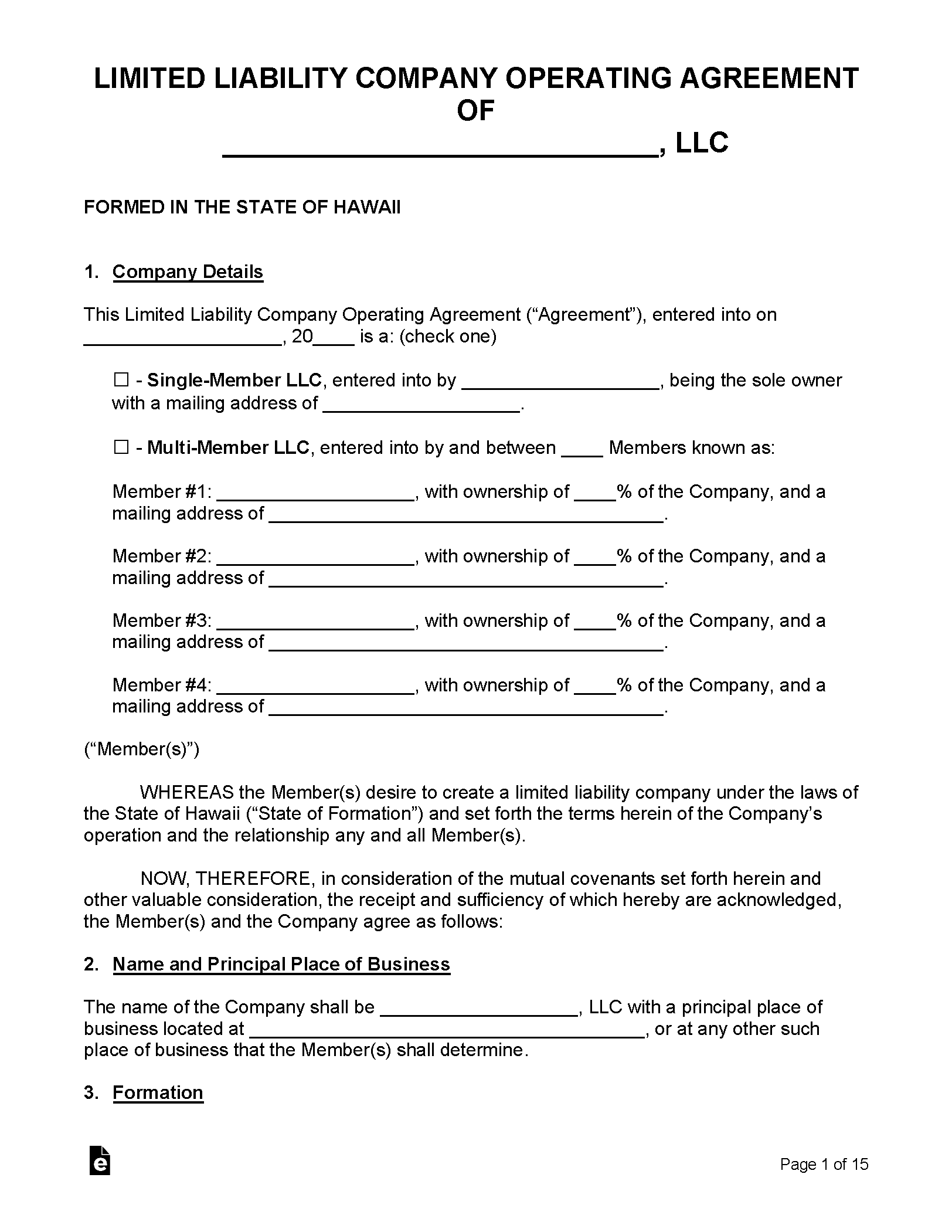 Free Hawaii Multi-Member Operating Agreement Templates (5) - Secretary ...