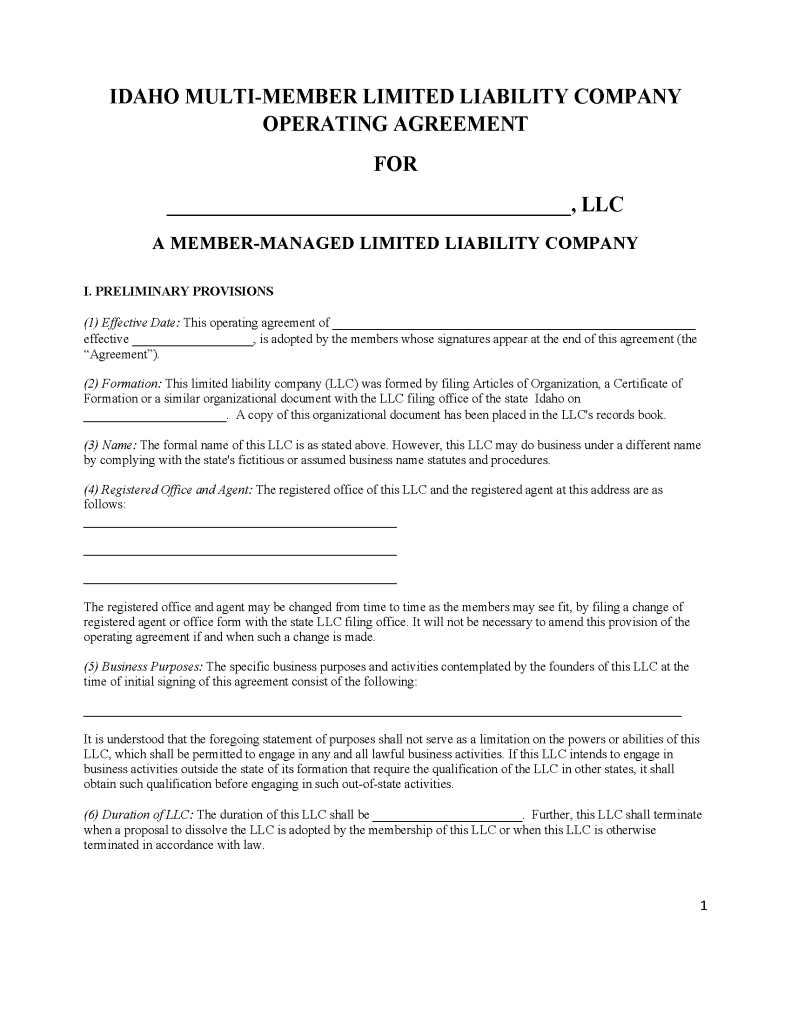 Free Idaho MultiMember LLC Operating Agreement Templates (5