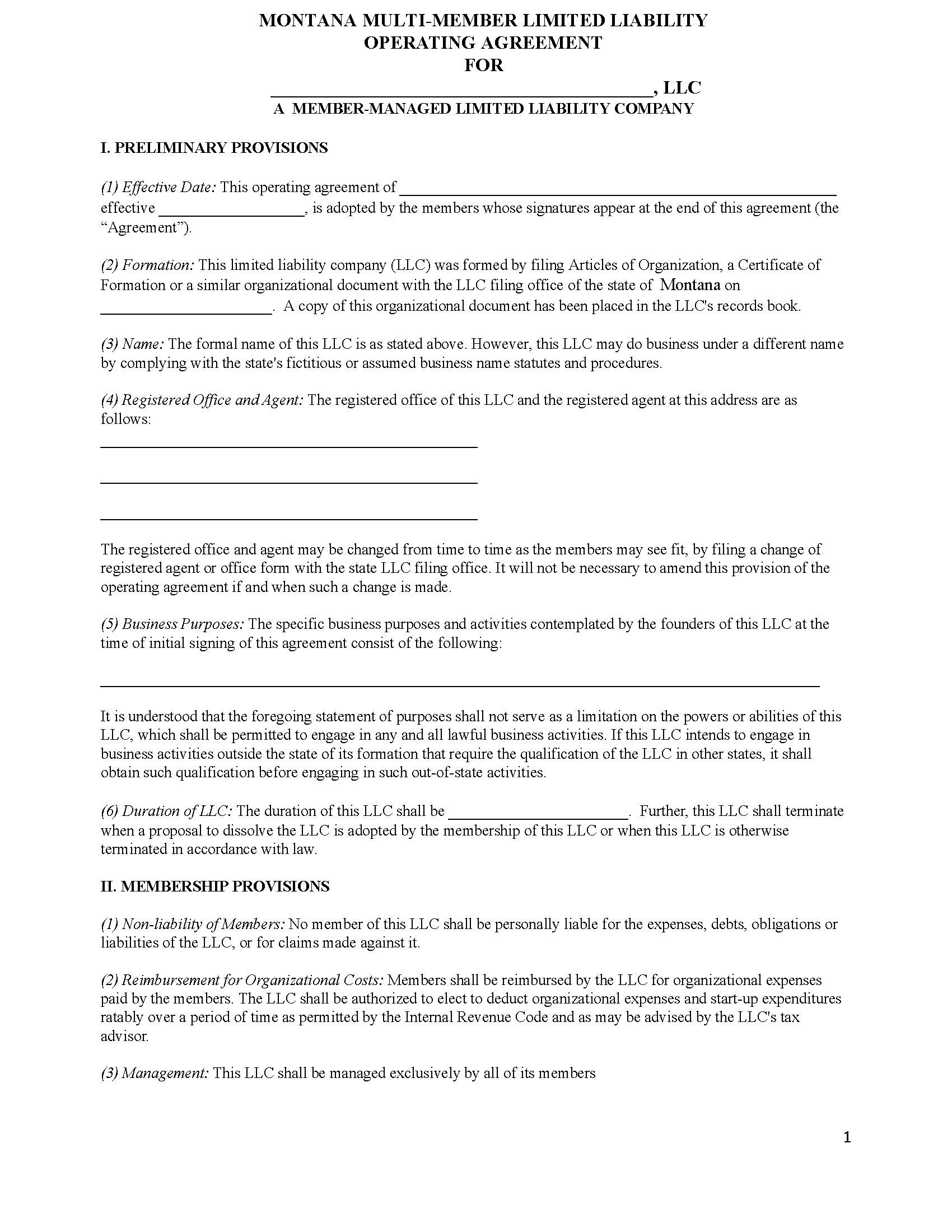 Free Montana MultiMember LLC Operating Agreement Templates (5