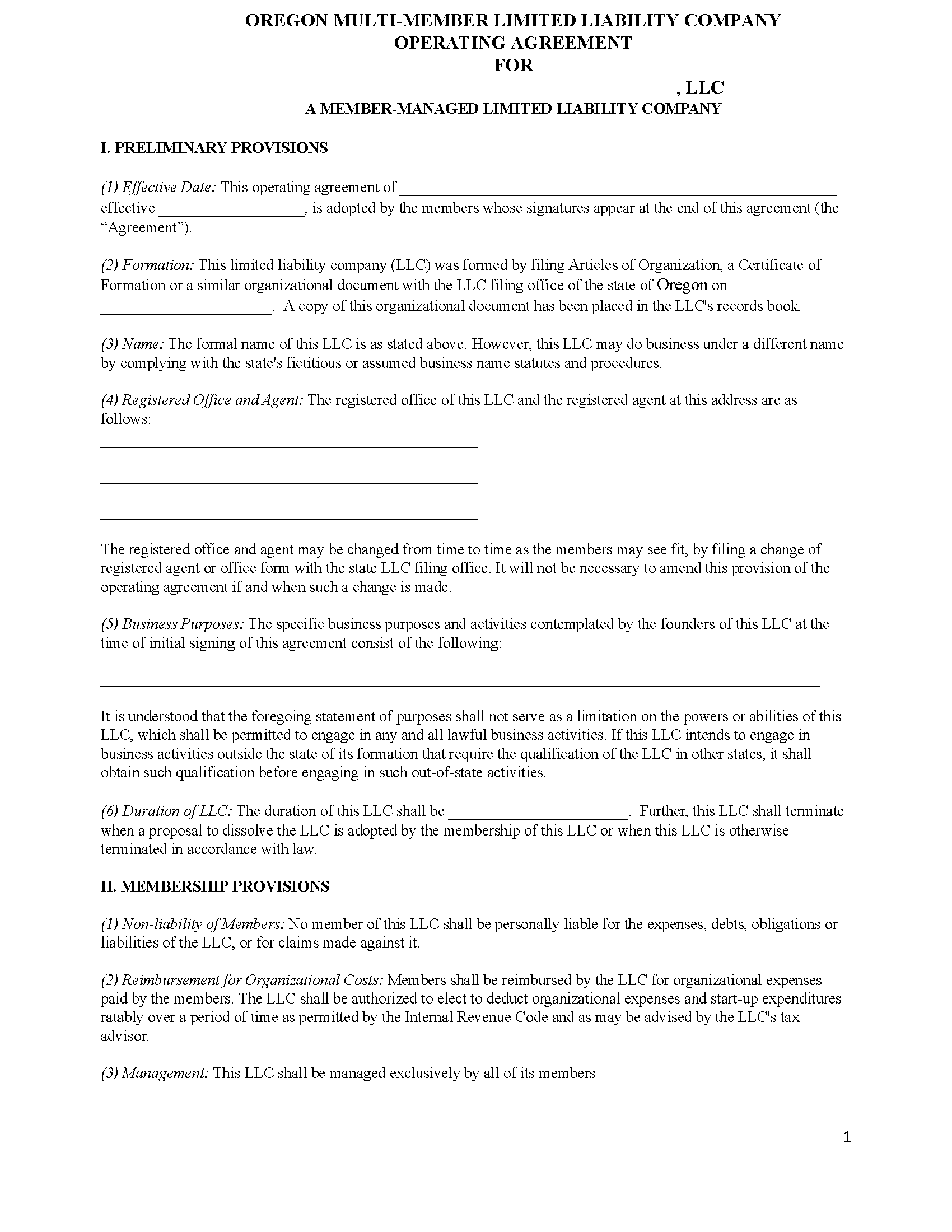 Operating Agreement Llc Oregon Template