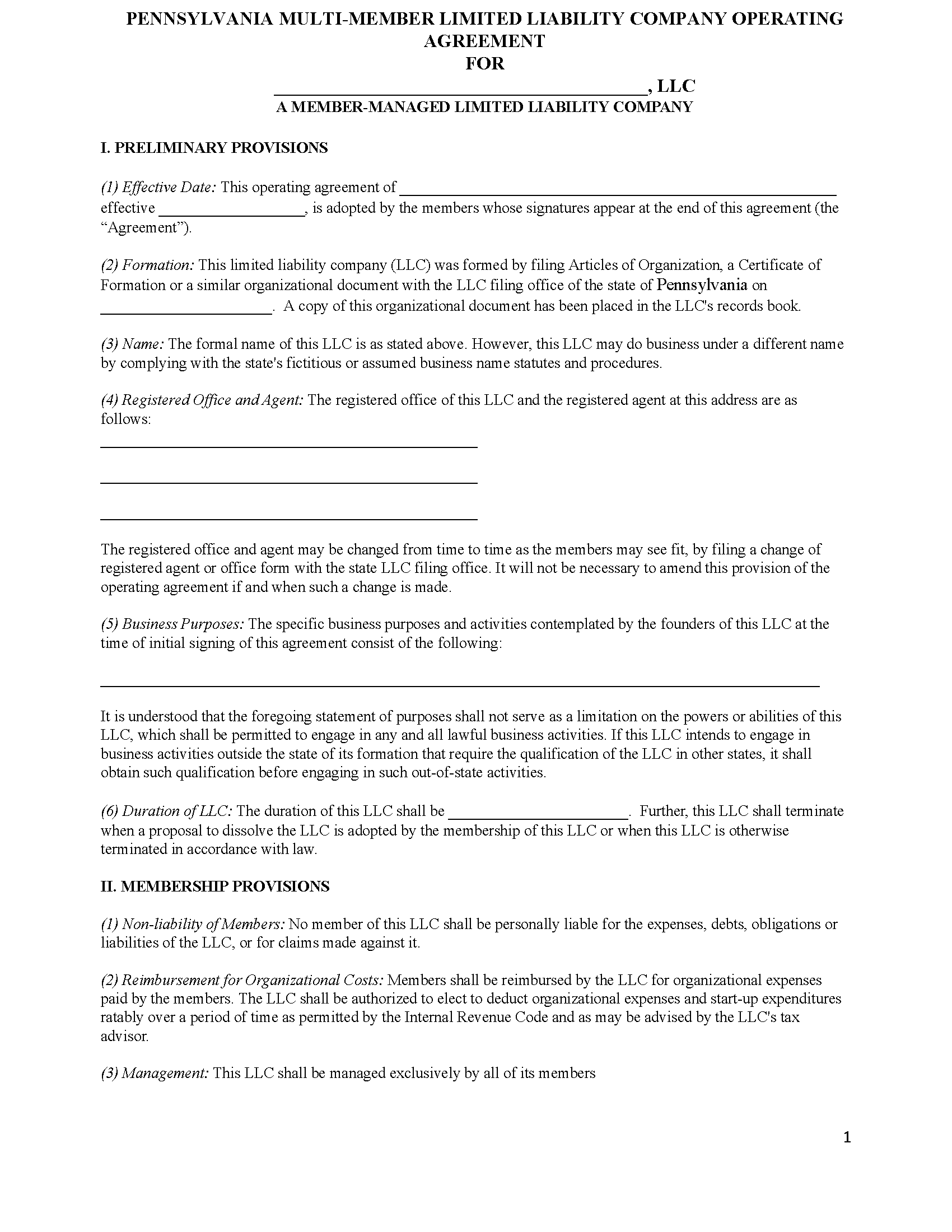 Free Pennsylvania Multi Member Llc Operating Agreement Templates 5 Secretary Of State Pdf