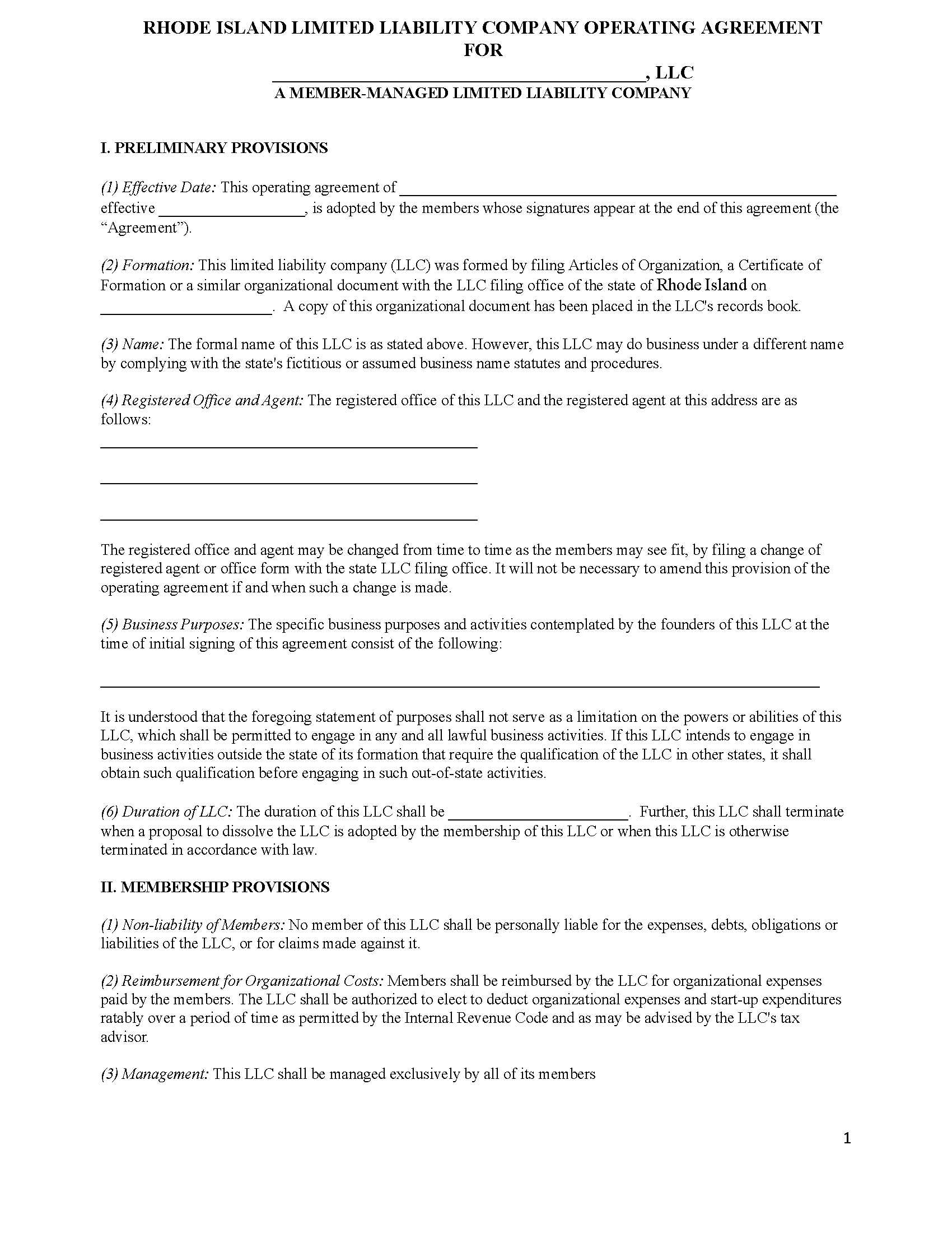 Free Rhode Island Multi-Member LLC Operating Agreement Templates (5 ...