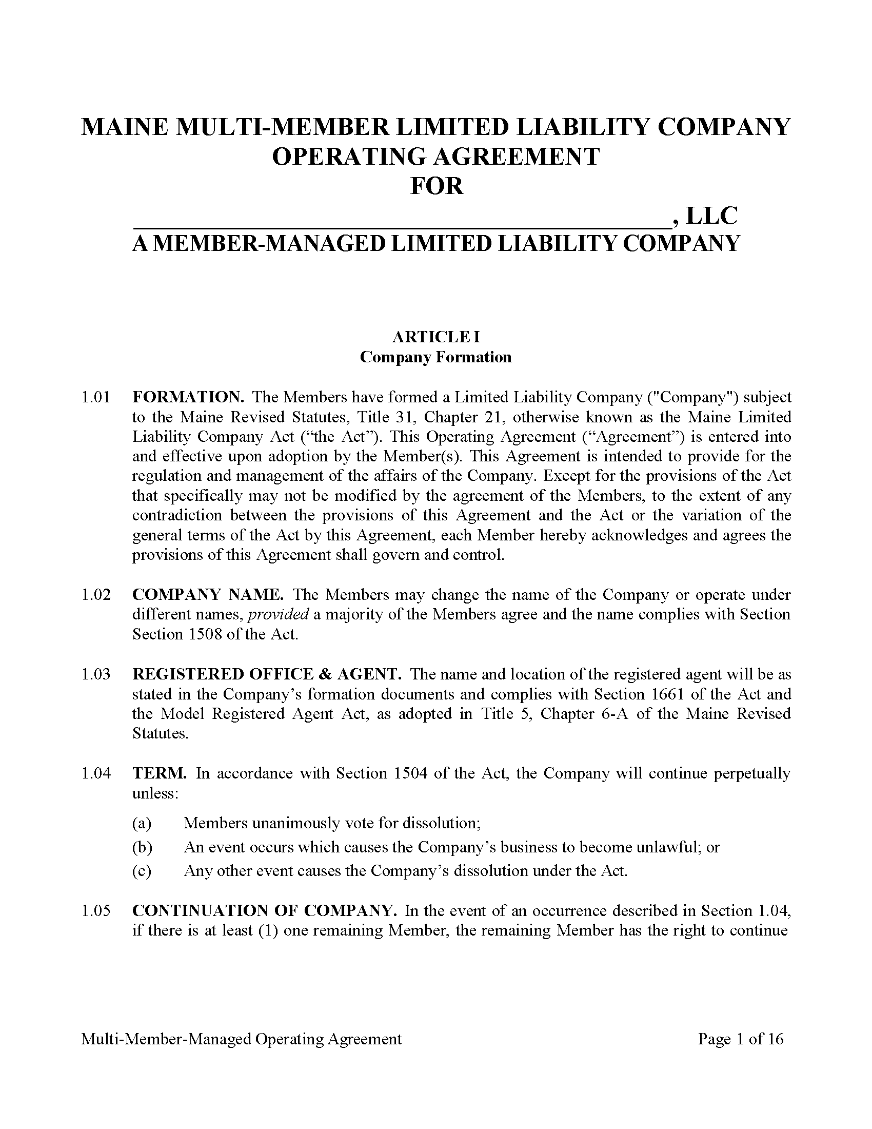 Free Maine Multi Member LLC Operating Agreement Templates 4 