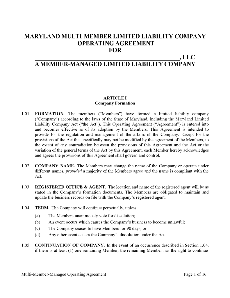 Free Maryland MultiMember LLC Operating Agreement Templates (5