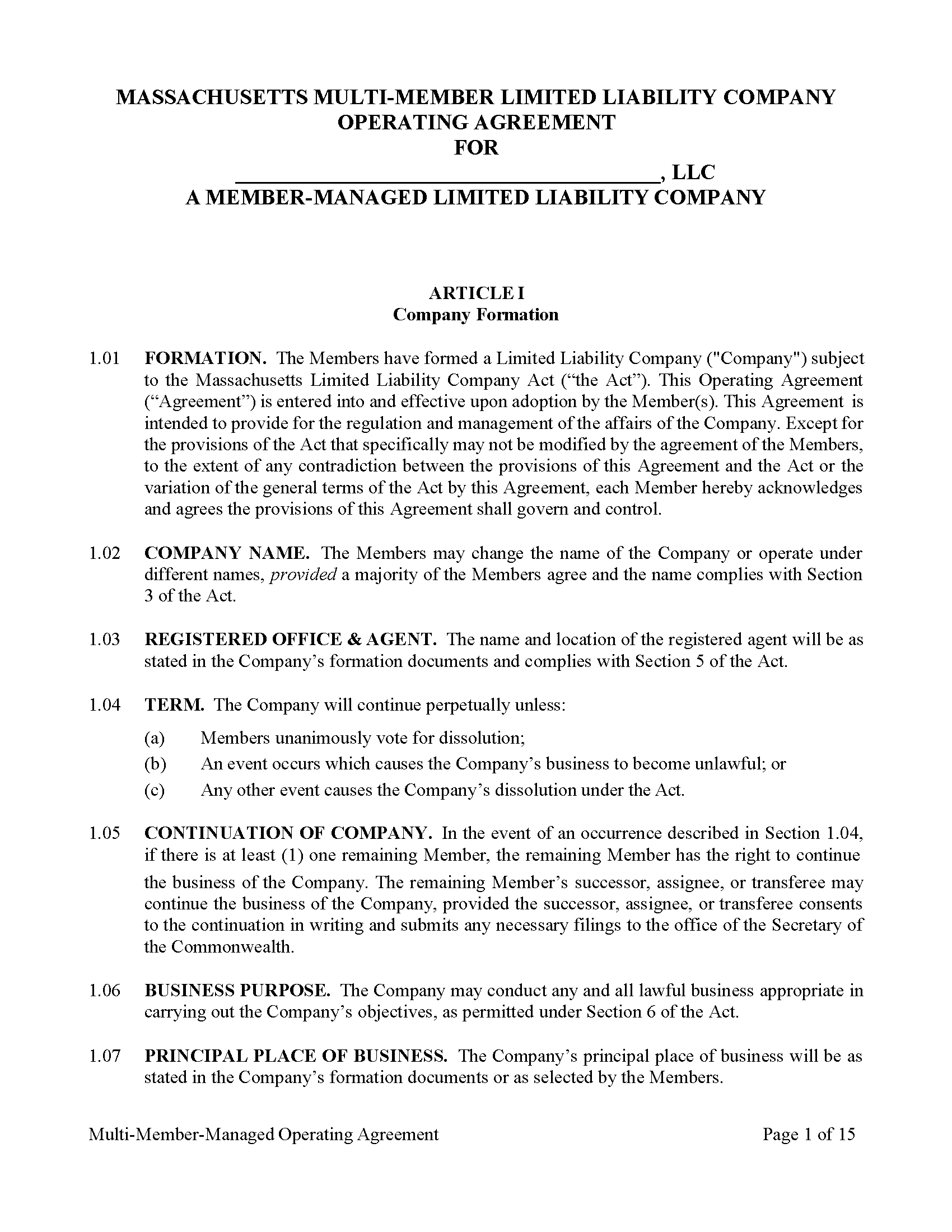 Free Massachusetts Multi Member LLC Operating Agreement Templates 5 