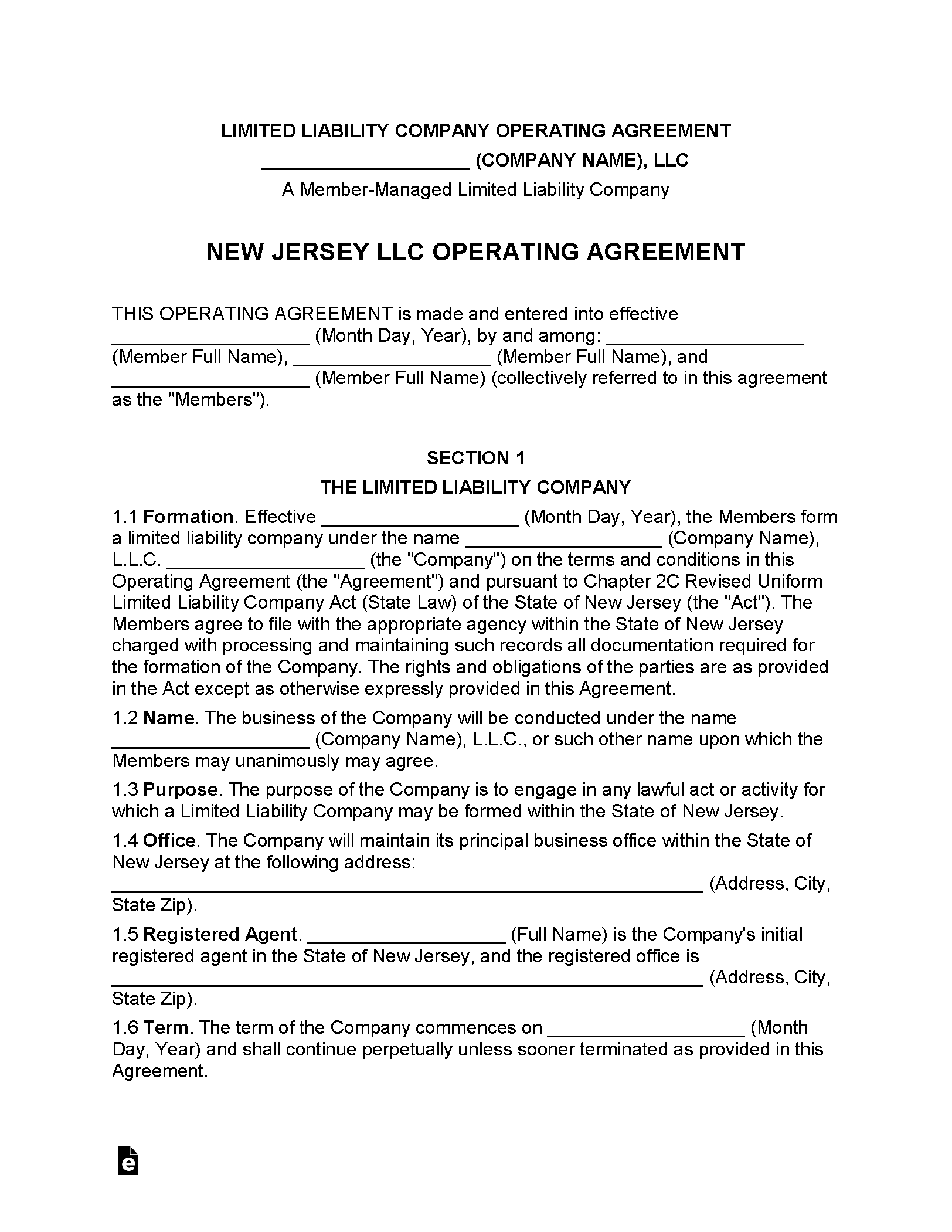 Free New Jersey Multi-Member LLC Operating Agreement (5) - Secretary of ...