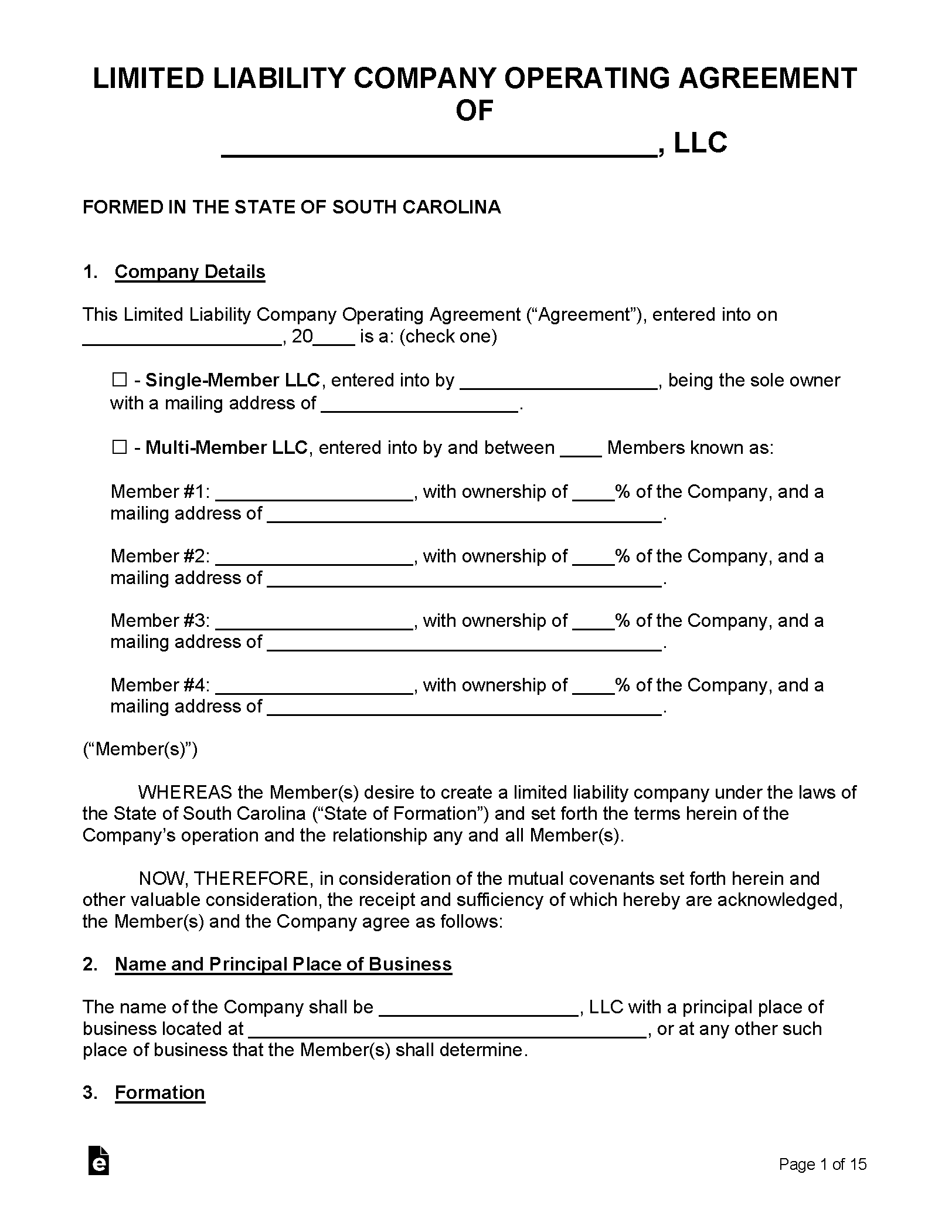 Free South Carolina MultiMember LLC Operating Agreement Templates (5