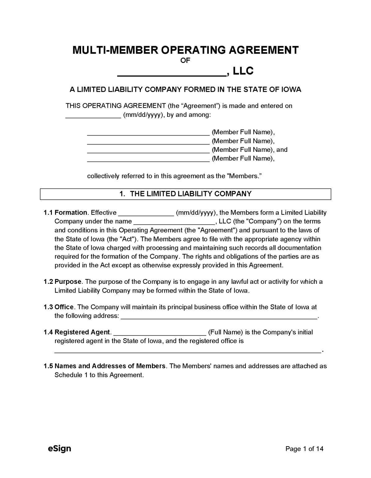 Free Iowa Multi Member LLC Operating Agreement Templates 4 