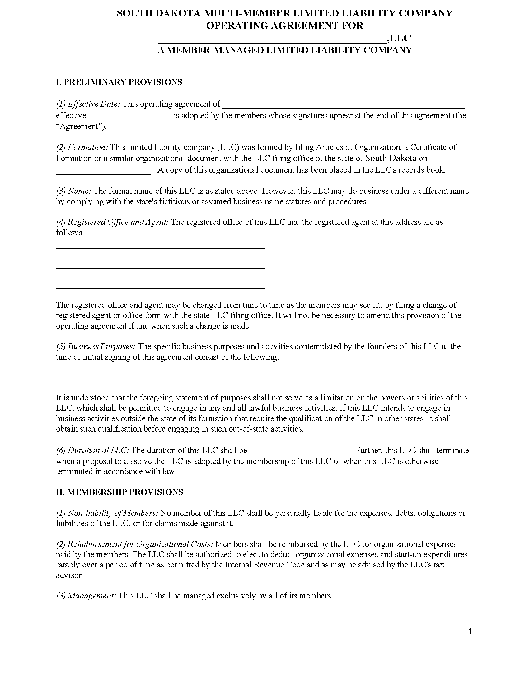 Free South Dakota MultiMember LLC Operating Agreement Templates (5