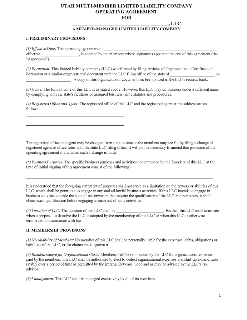 Free Utah MultiMember LLC Operating Agreement Templates (5