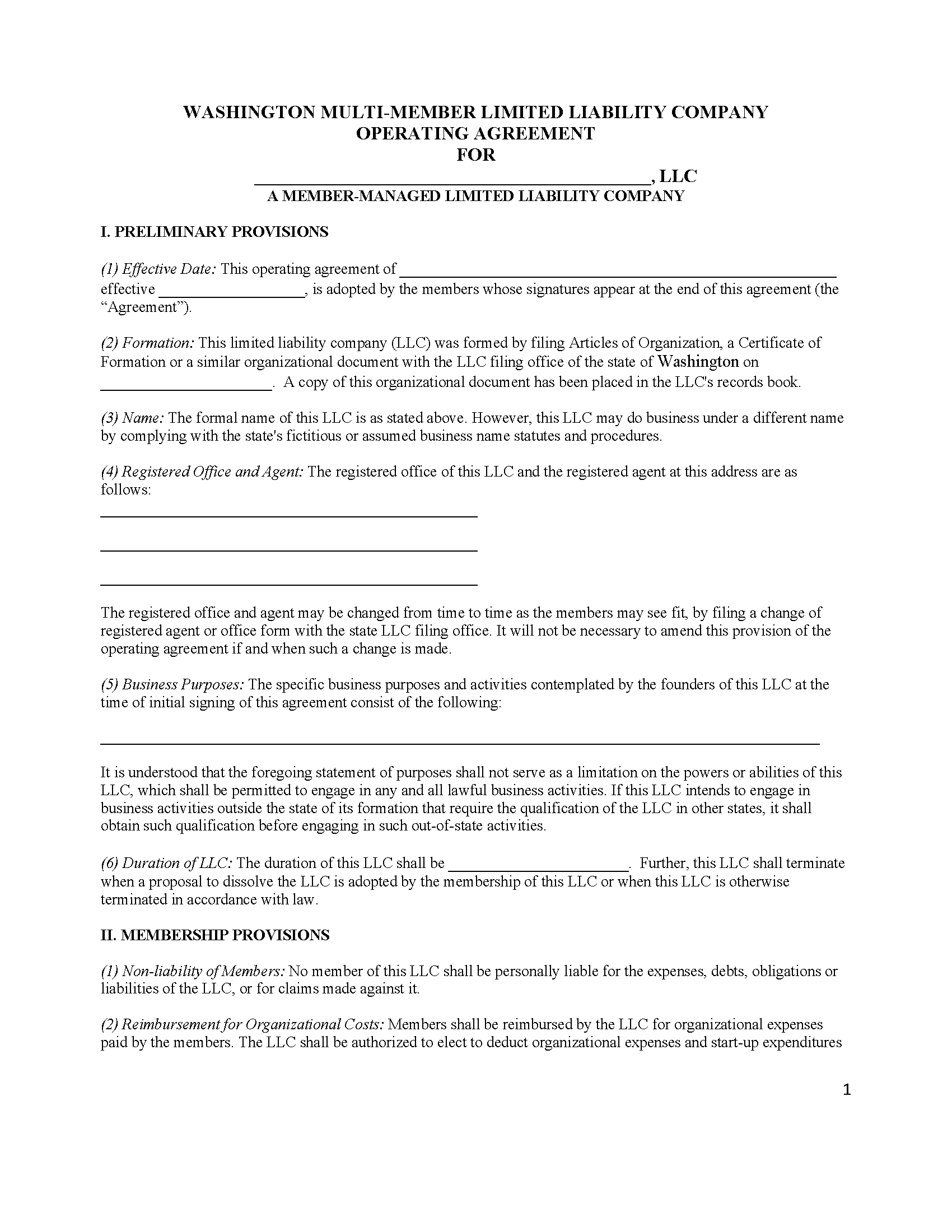 Free Washington Multi-Member LLC Operating Agreement Templates (5 ...