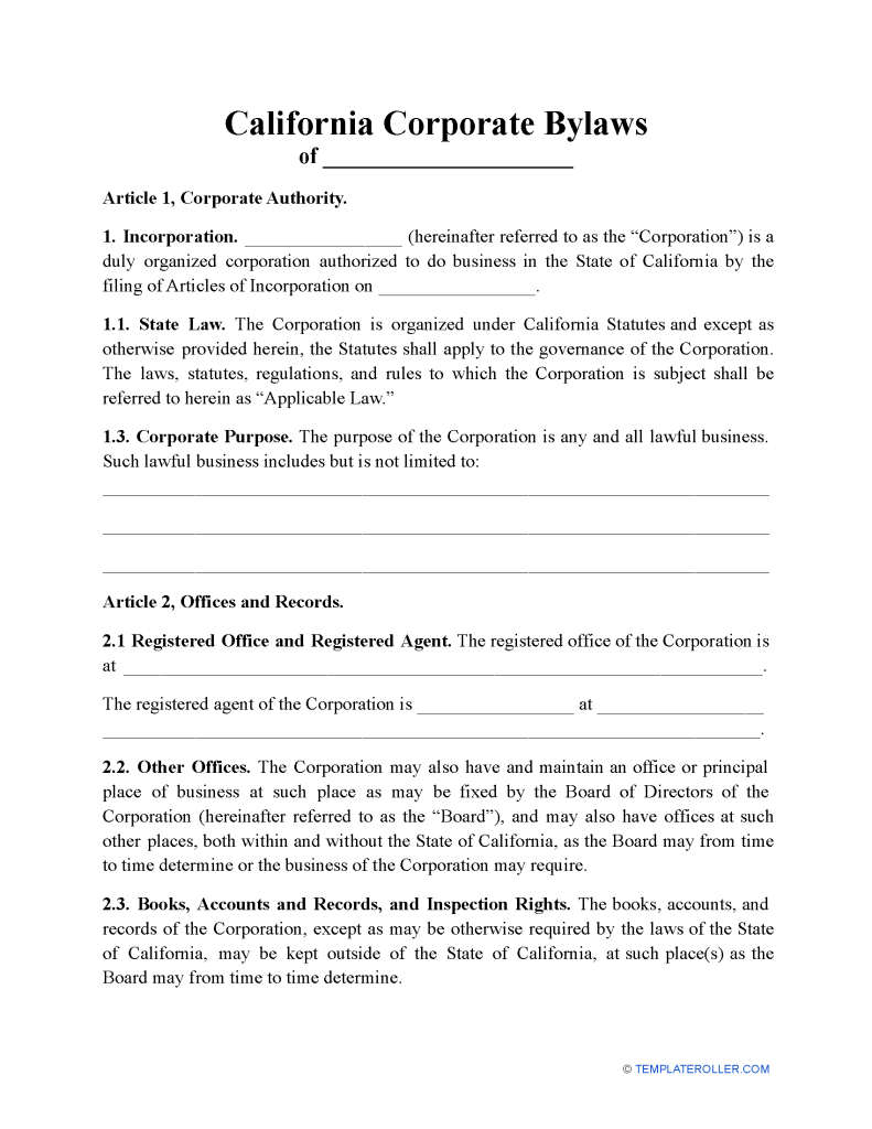 Free California Corporate Bylaws Template (5) - Secretary of State