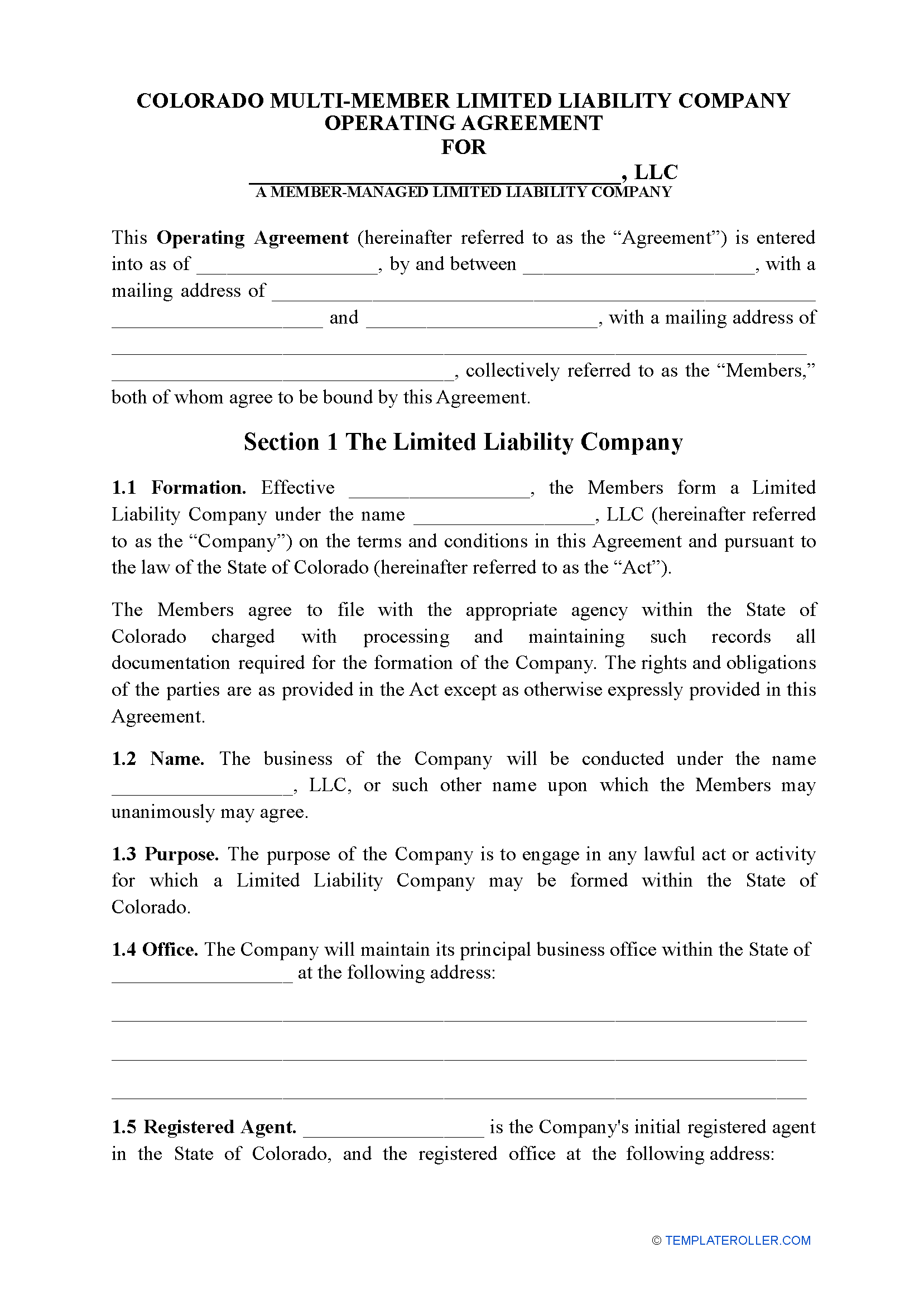 Free Colorado Multi Member Operating Agreement Templates 5 
