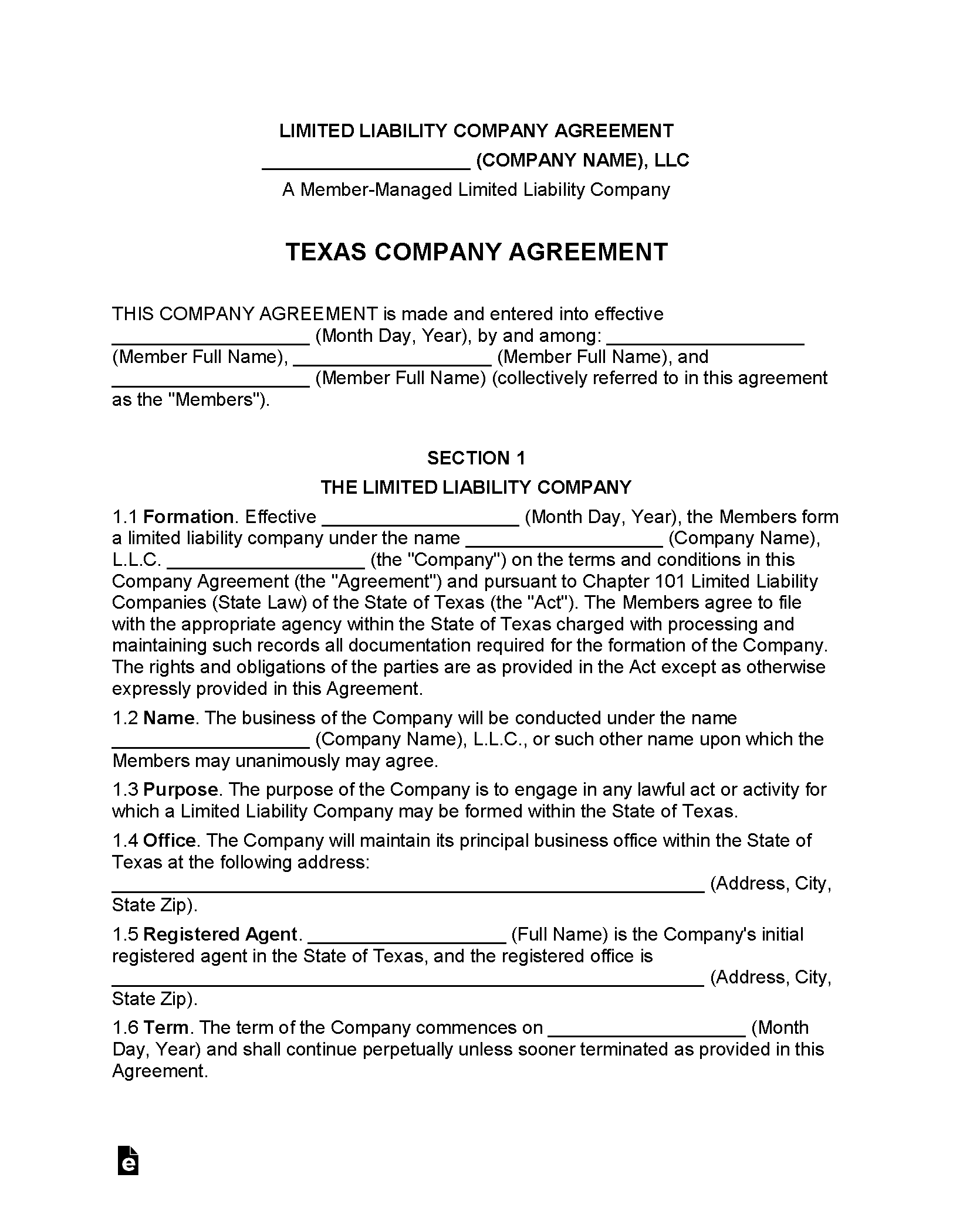 Free Texas LLC Operating Agreement Templates (2) Secretary of State