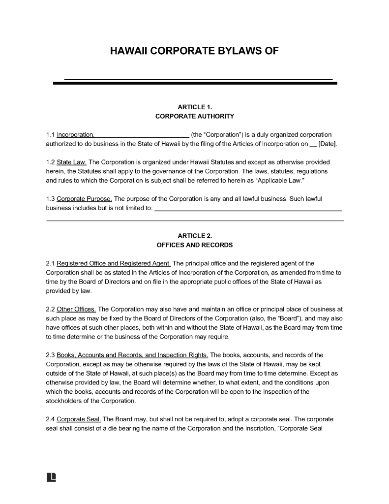 Free Hawaii Corporate Bylaws Template 5 Secretary Of State PDF WORD