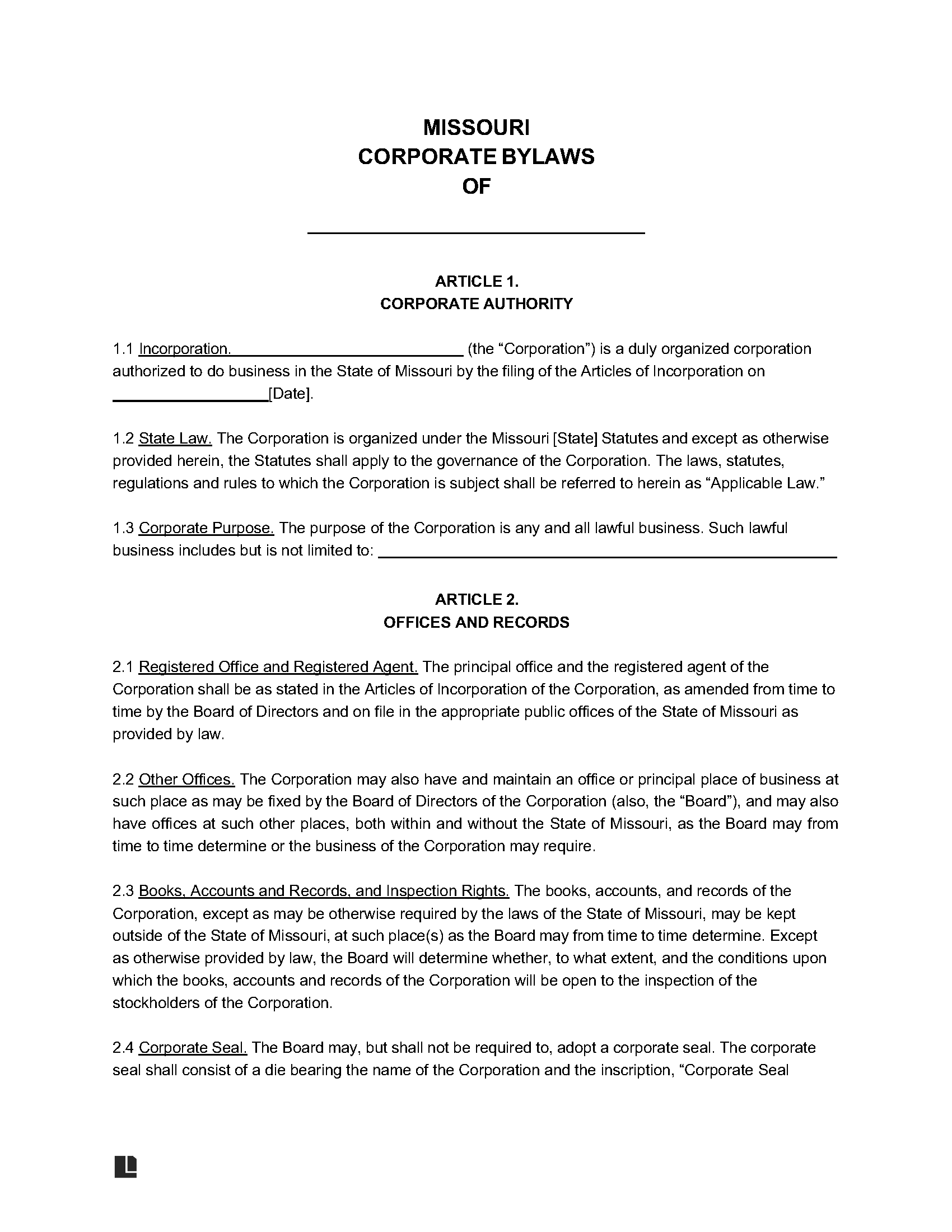 Free Missouri Corporate Bylaws Templates (5) - Secretary of State | PDF ...