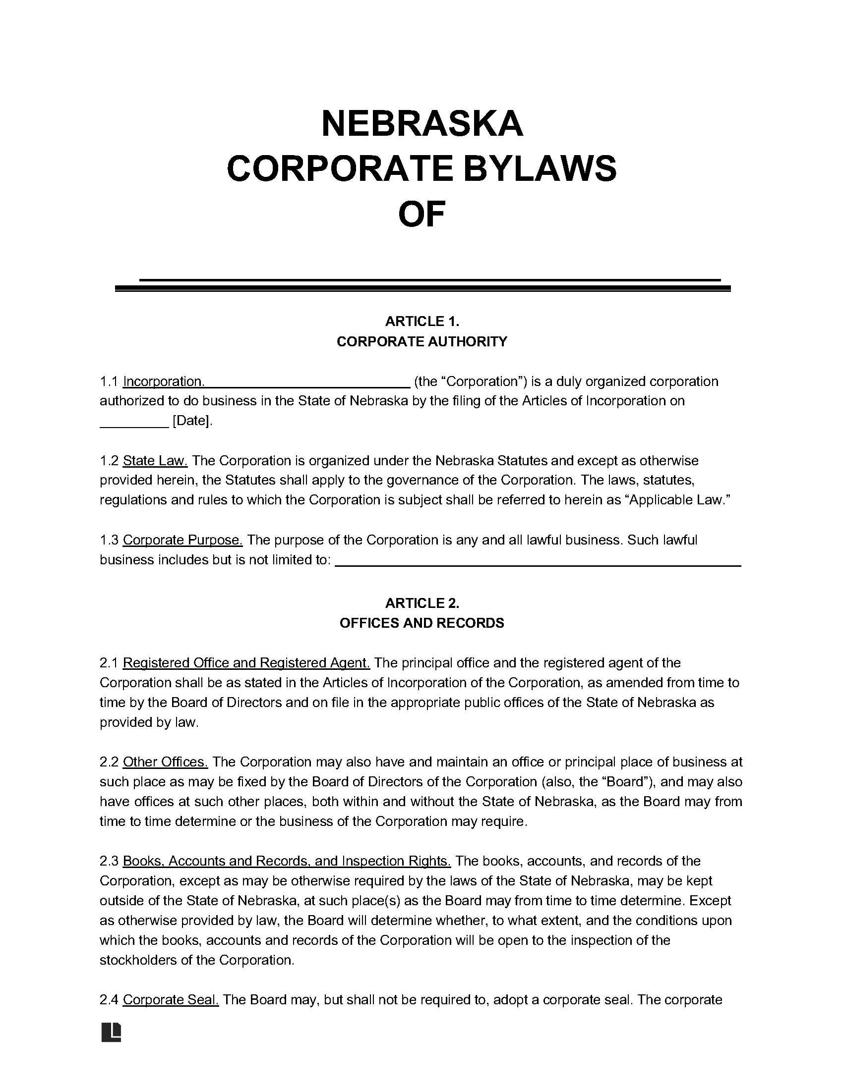 Free Nebraska Corporate Bylaws Templates (5) Secretary of State PDF WORD