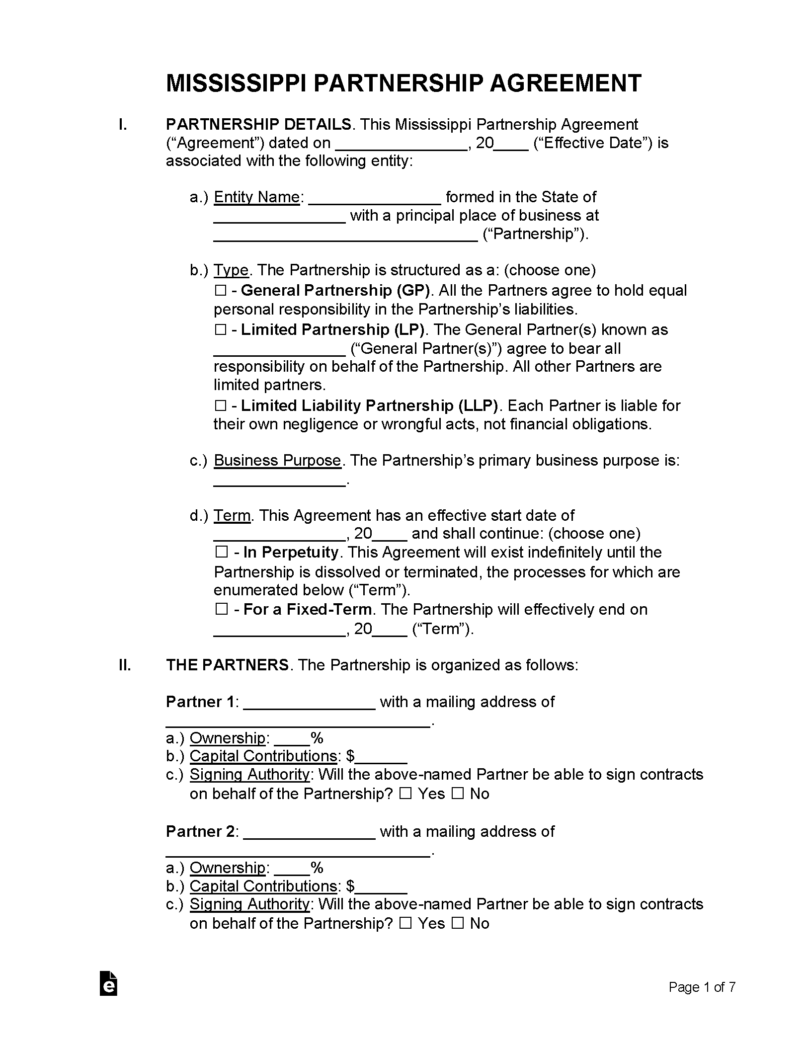 Free Mississippi Partnership Agreement Templates (6) - Secretary of ...
